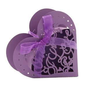Detailed laser-cut hollow heart candy box with Love text and purple organza ribbon bow