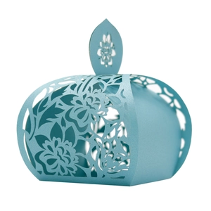 Laser cut sky blue floral wedding favor box with intricate hollow pumpkin shape design