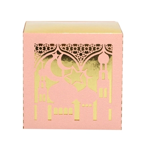 Detail of pink Eid Mubarak favor box with gold foil laser cut mosque and crescent moon