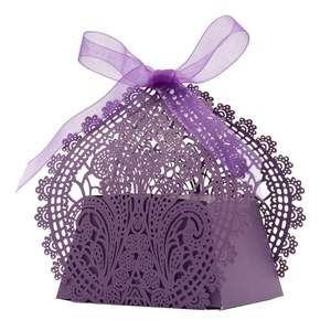 Elegant purple laser-cut lace candy box with silk ribbon for weddings and parties