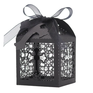 Elegant black laser-cut cross candy box with ribbon for weddings and religious parties