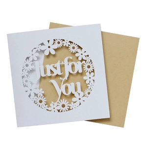 Pink daisy laser cut greeting card with Just for You message and kraft envelope