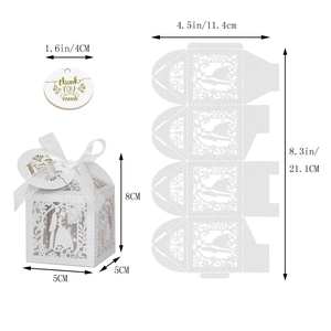 Laser cut favor box with ribbon and thank you tag showing detailed size dimensions