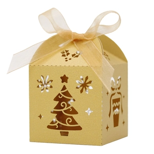 Golden Christmas tree laser-cut gift box with ribbon for candies and party favors