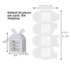 Détails de boîtes de retraite blanches découpées au laser avec rubans en soie, 5x5x8cm