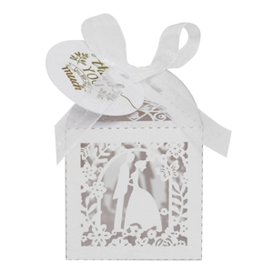 Laser cut white wedding favor box with lace groom bride silhouette and silk ribbon