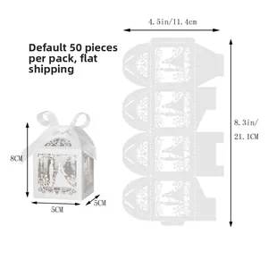 Detailed dimensions of white laser-cut wedding candy box showing flat and assembled sizes