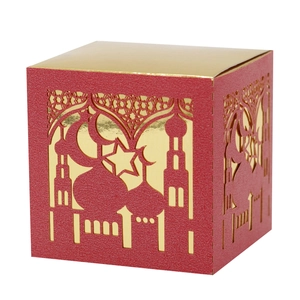 Elegant red and gold Ramadan candy box featuring laser-cut mosque and moon patterns