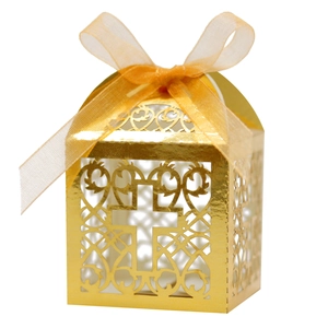 Boîte à bonbons dorée découpée au laser avec motif de croix et ruban pour fêtes