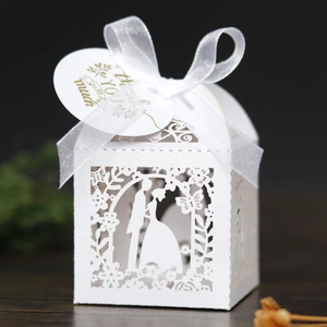 Elegant Wedding Favor Box Laser Cut Artificial Pearl Paper Candy Gift Box With Ribbon And Thank You Tag For Bridal Shower Party Banquet