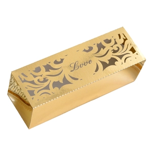 Detailed laser-cut pattern and Love text on gold pearlescent paper candy gift box