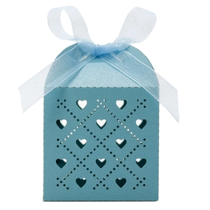 Detail of sky blue laser cut favor box with heart patterns and matching organza ribbon