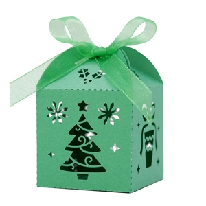 Green Christmas tree laser-cut gift box with ribbon for candy and party favors