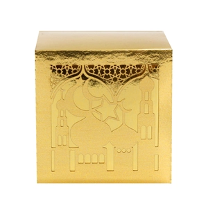 Detailed laser-cut golden candy box with crescent moon and mosque patterns for Ramadan