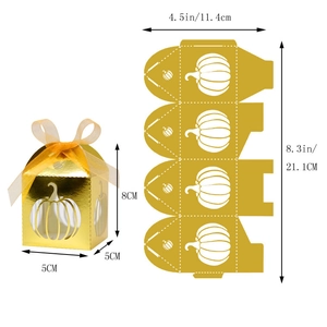 Detail of laser-cut pumpkin favor box showing flat dimensions and 3D assembled size