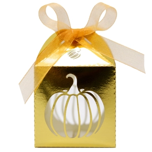Gold hollow pumpkin candy box with orange organza ribbon for Halloween gift packaging