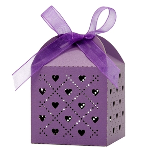 Elegant purple hollow heart laser-cut candy box with matching ribbon for wedding favors