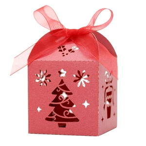 Red Christmas tree laser-cut paper gift box with ribbon handle for festive candy packaging