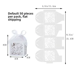 White laser-cut floral candy box detail with assembly dimensions and flat layout view