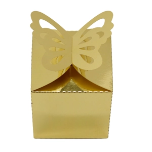 Detail of mirror gold butterfly candy box with a 3D laser-cut top for wedding favors