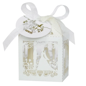 Laser cut white wedding favor box with bride and groom silhouette and Thank You tag
