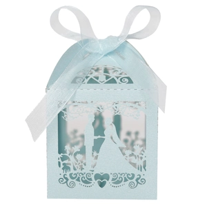 Macro view of laser-cut wedding favors box with bride and groom silhouette in light blue