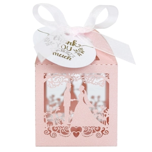 Pink laser cut wedding gift box with bride and groom silhouette and Thank You tag