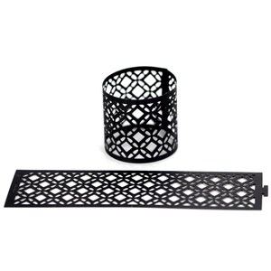 Macro detail of laser-cut black floral pattern napkin ring for elegant table decor