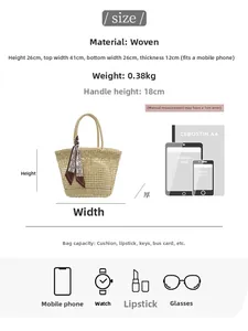 Size guide for hollow woven tote bag showing dimensions and item capacity icons