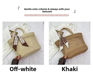 Detail of woven mesh tote bags in off-white and khaki with decorative bear print scarves