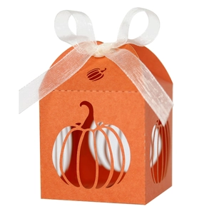 Orange Halloween pumpkin laser-cut candy gift box with white ribbon for festive treats