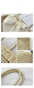 Close-up of woven tote bag showing sturdy handle joints and beige canvas drawstring lining