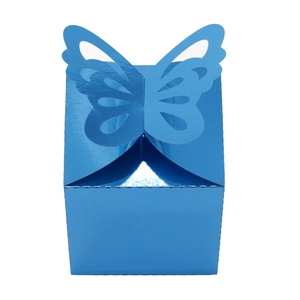 Detailed view of sapphire blue metallic candy box with elegant butterfly cutout lid