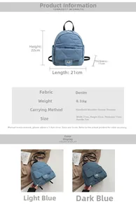 Detailed dimensions of denim quilted backpack with measurements 21x22x11cm in blue