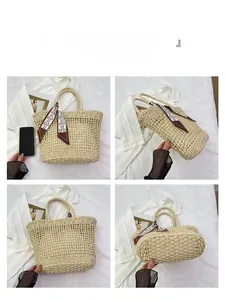 Detailed views of hollow woven tote bag with animal print scarf detail for summer