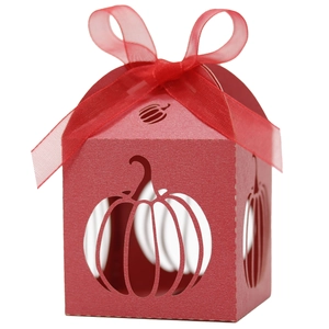 Red Halloween pumpkin hollow-out paper gift box with ribbon for candy packaging