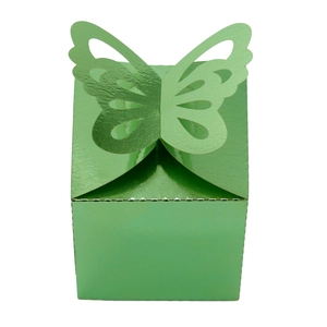 Detail of emerald green metallic gift box with a butterfly top design for celebrations