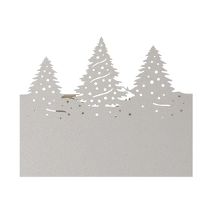 Marque-place de Noël découpé au laser avec renne et sapins sur papier argenté pailleté
