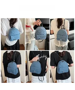 Multi-angle view of quilted denim mini backpack with gold chain straps and turn-lock pocket