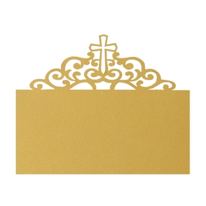 Marque-place doré découpé au laser avec croix et volutes pour mariages et fêtes
