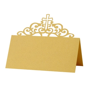 Cartes de table élégantes champagne doré à paillettes avec croix découpée au laser
