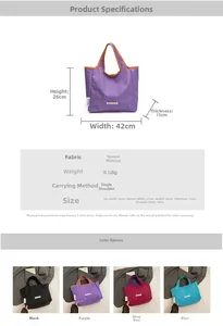 Detailed size chart and multi-color options for the large canvas tote bag showing dimensions
