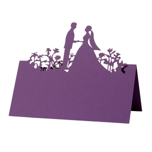 Purple laser cut wedding table card with elegant bride and groom silhouette design