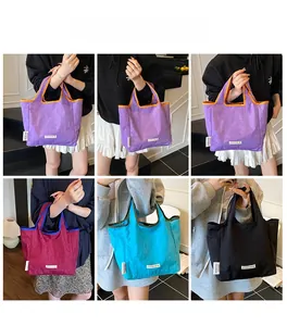 Collage of multi-colored nylon tote bags with contrast trim and logo patch details