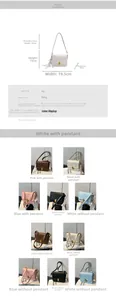 Size guide for PU leather crossbody bag showing dimensions and five color options