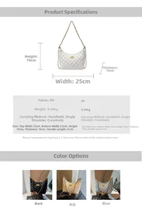 Detailed view showing dimensions and color options of the quilted chain shoulder bag