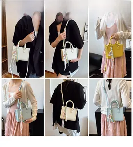 Multiple views of a mini top handle bag with rainbow charms in beige, yellow and blue