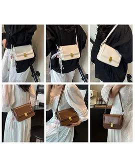 Lifestyle shots of white and brown crossbody bags with gold buckles and scarf details