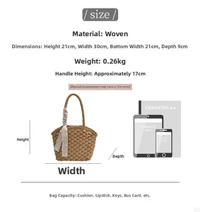 Size guide for woven straw bucket bag with dimensions, weight and capacity comparison