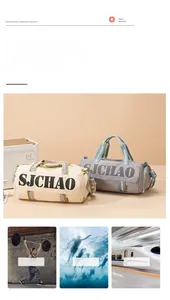 Waterproof cylinder gym bags in beige and grey with detachable straps for travel